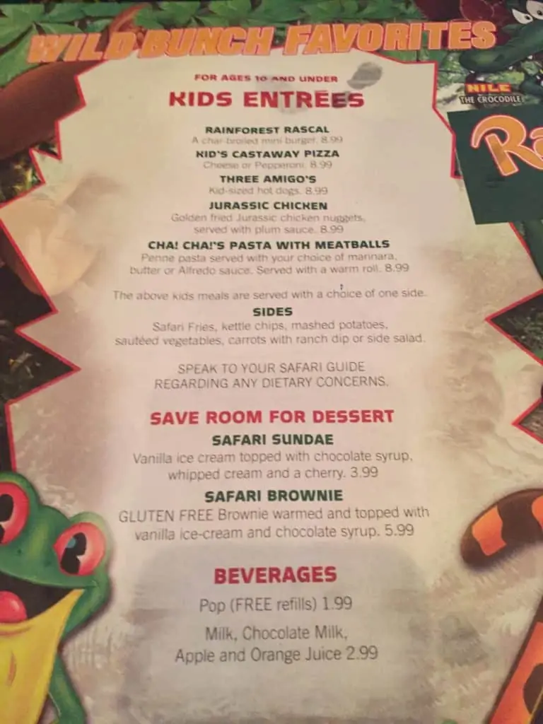 menu at rainforest cafe in niagara falls canada
