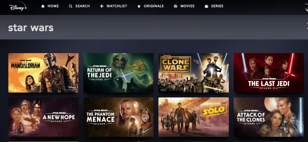 Star Wars options on Disney+