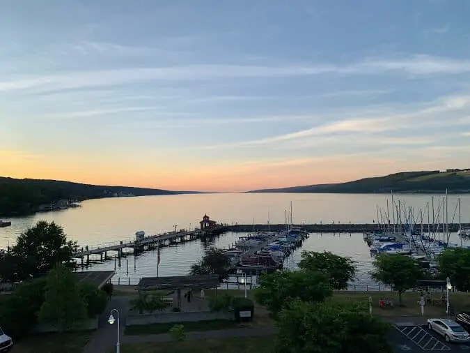 sunset at wakins glen harbor hotel balcony