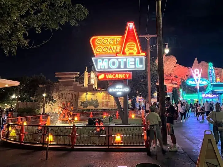 one day at disney california adventure cars land at night